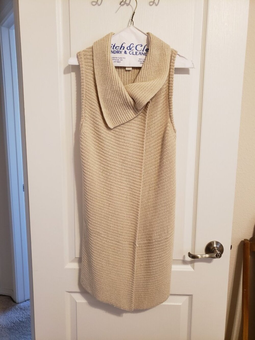 Chico's women's cream color, sleeveless, ribbed, single button cardigan, size S